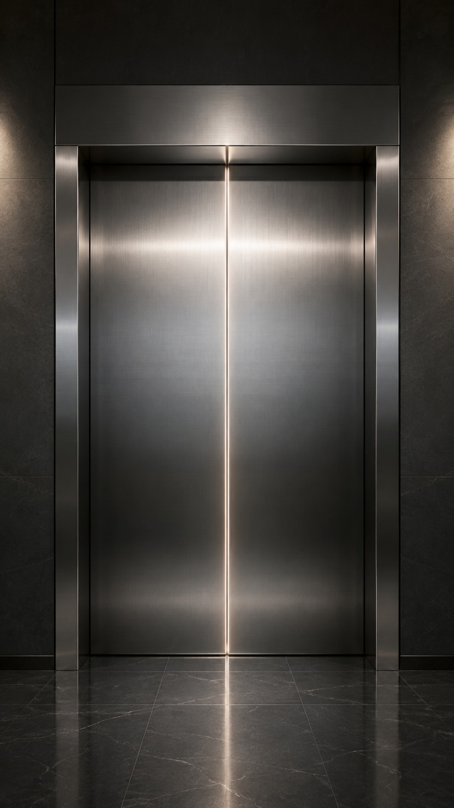 Palier d'ascenseur moderne avec portes en acier brossé et éclairage encastré